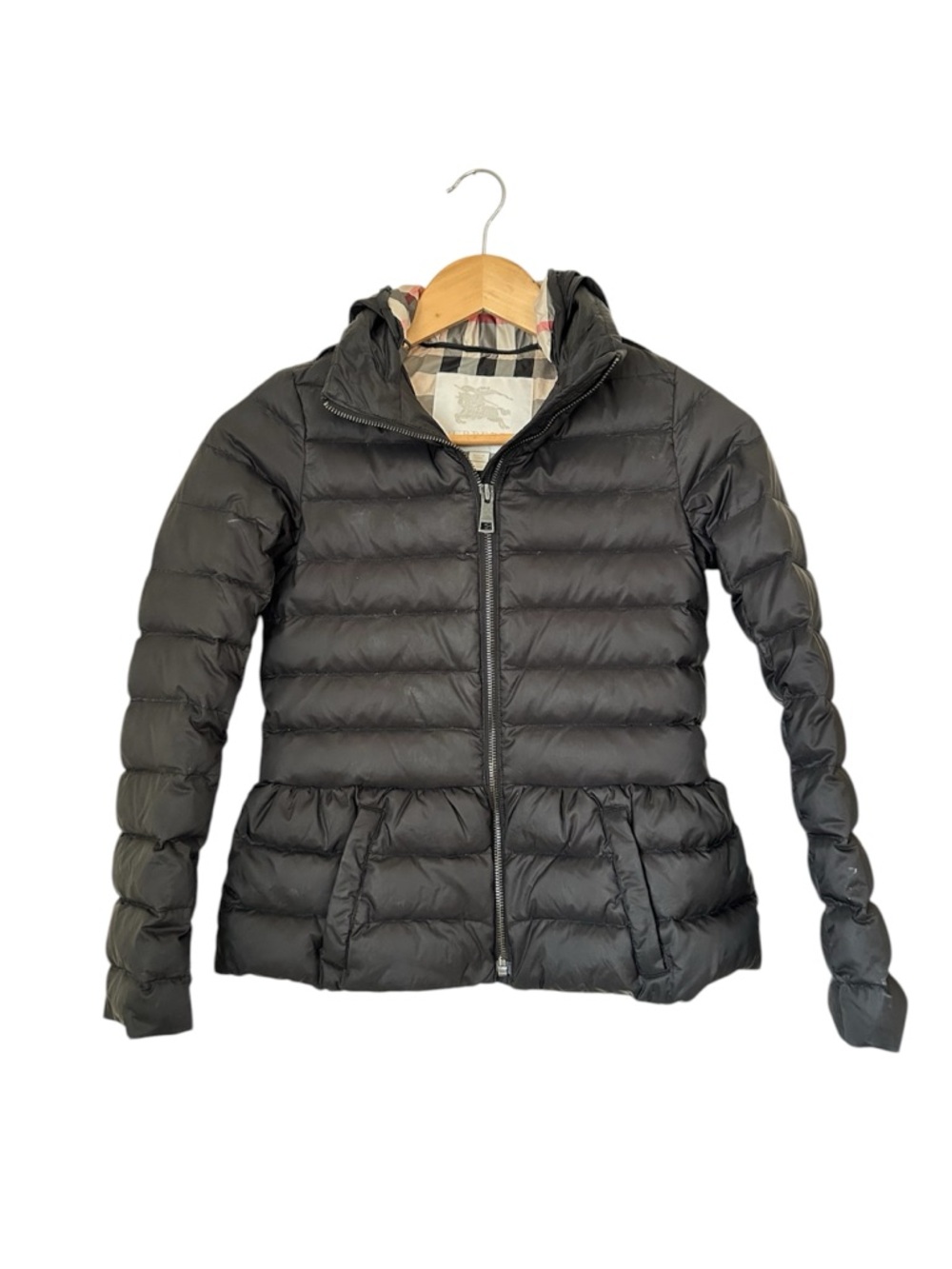 Burberry Black Quilted Hooded Peplum-Style Kids Puffer Jacket